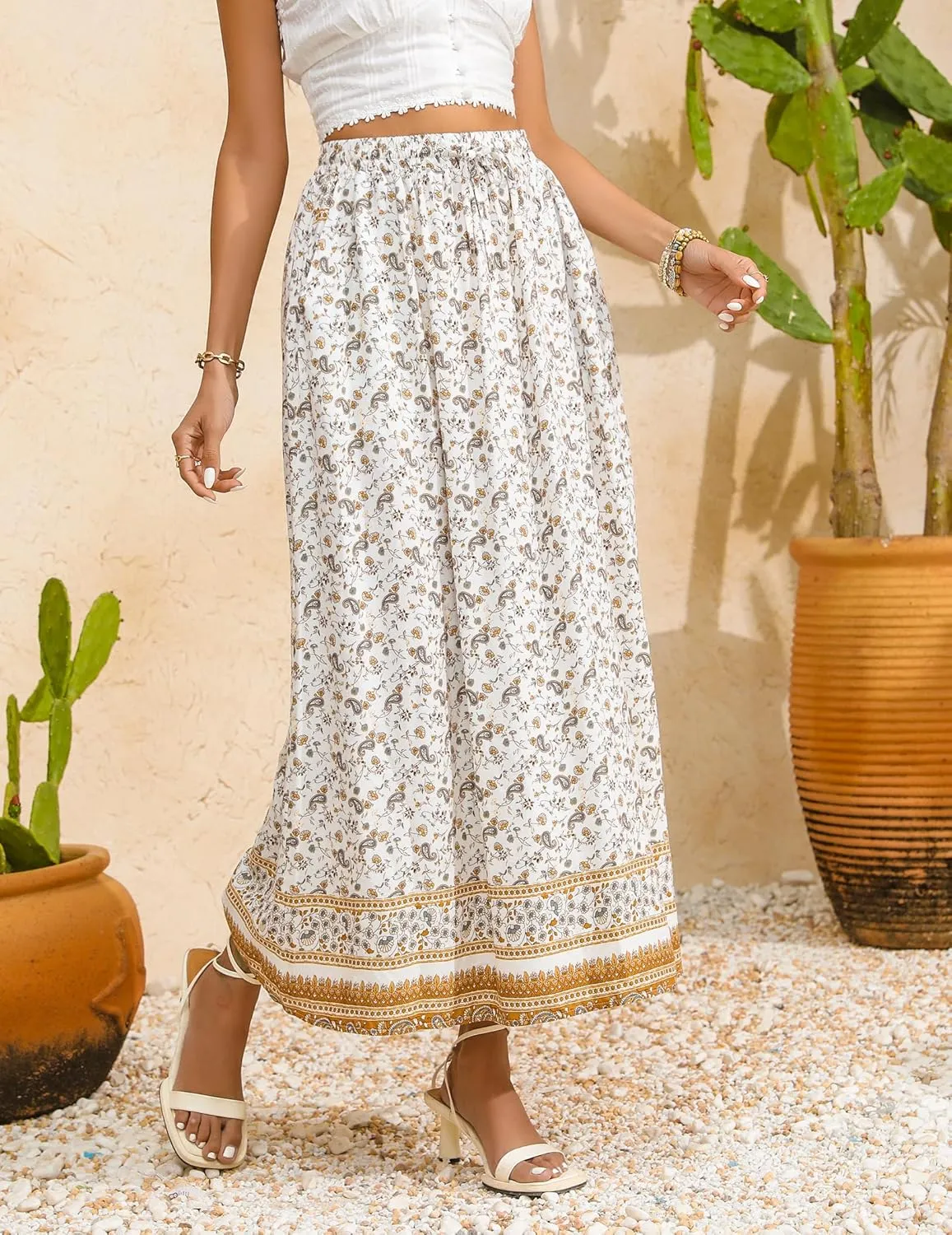 Zeagoo Women's 2025 Boho Floral Skirt Casual Elastic High Waist Maxi Skirts Flowy A Line Beach Long Skirt with Side Pockets
